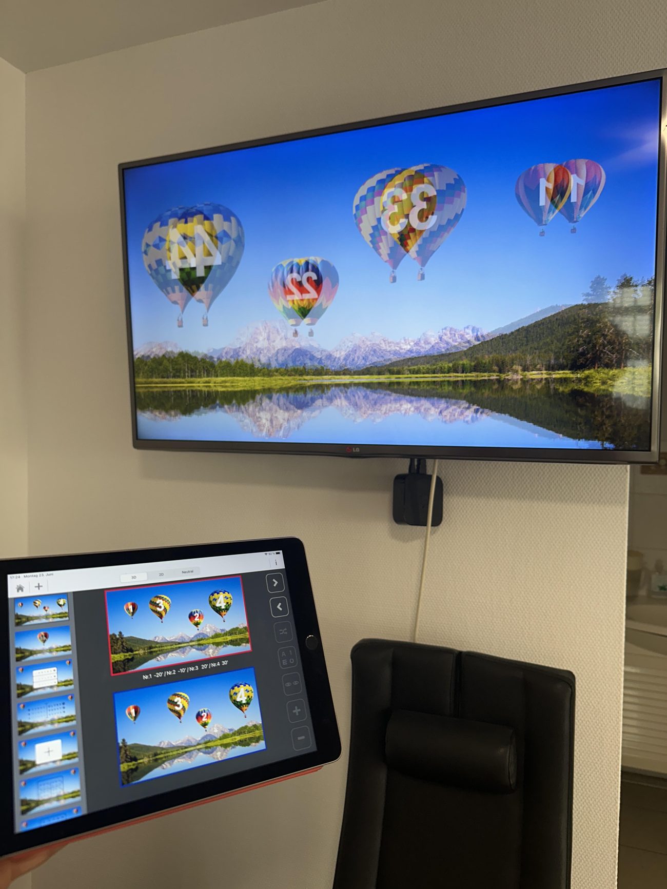 3D-Sehtest mit PASKAL 3D bei Optik Glöckner: Messbildschirm und iPad-Steuerung